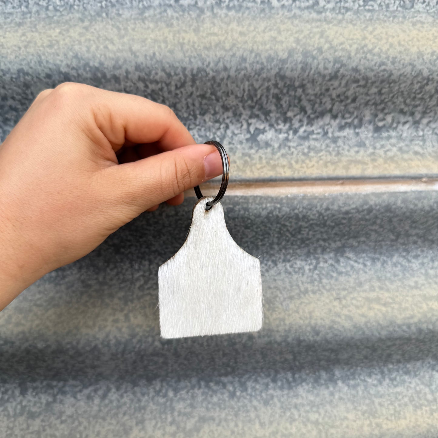 Cowhide Cattle Tag Keyring #1 - Gunmetal Grey