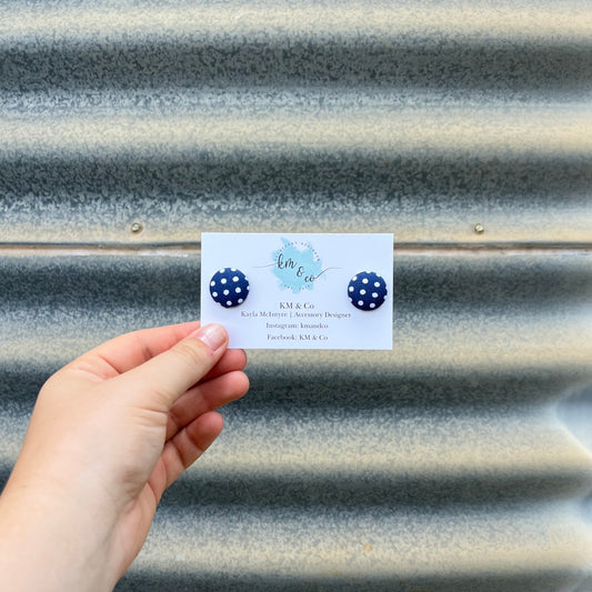 Navy & White Polkadot - Fabric Button Earring