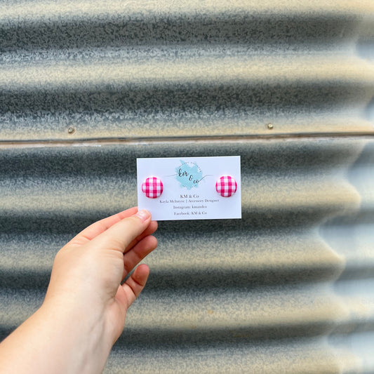 Hot Pink & White Gingham - Fabric Button Earring