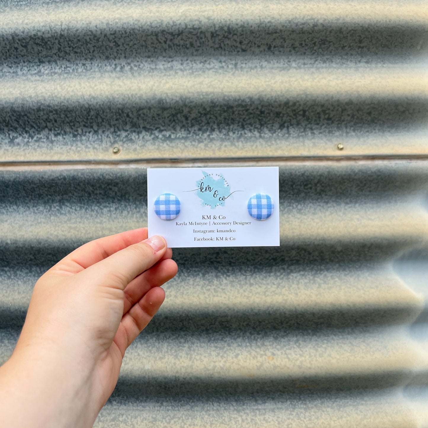 Pale Blue & White Gingham - Fabric Button Earring