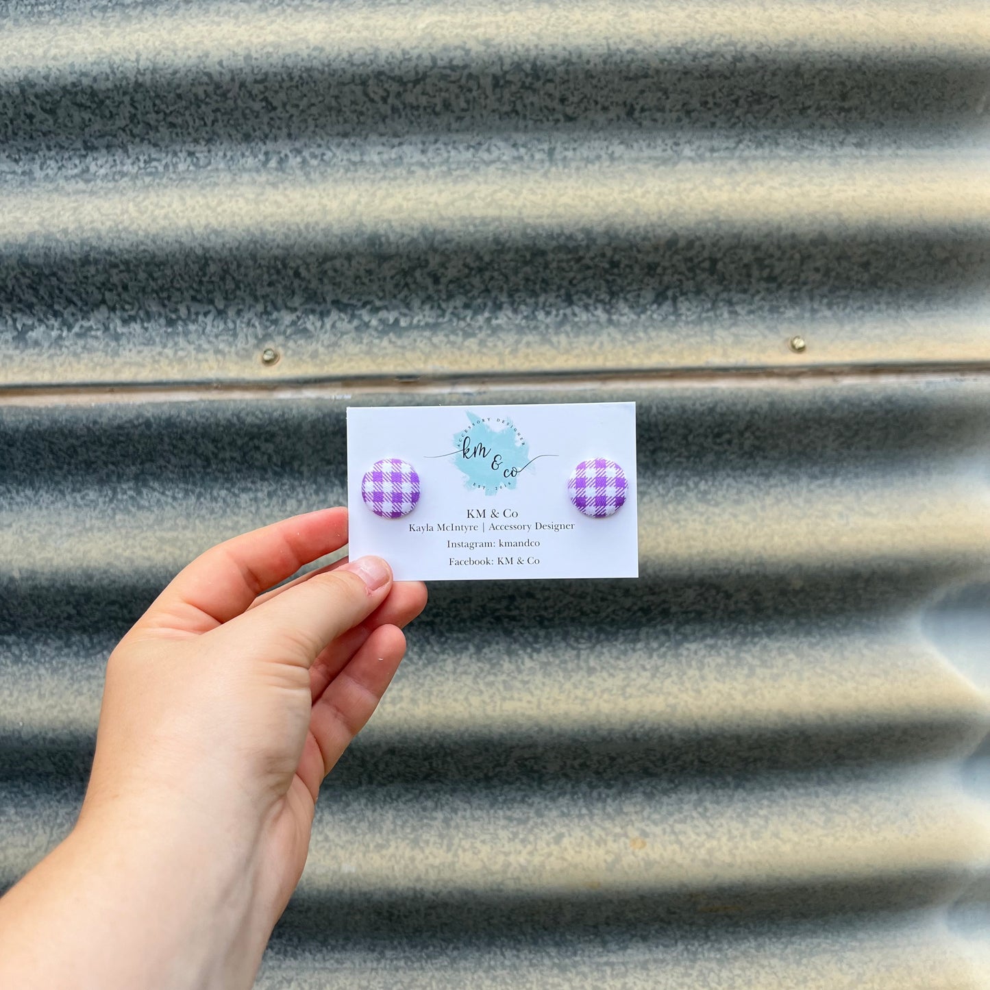 Purple & White Gingham - Fabric Button Earring