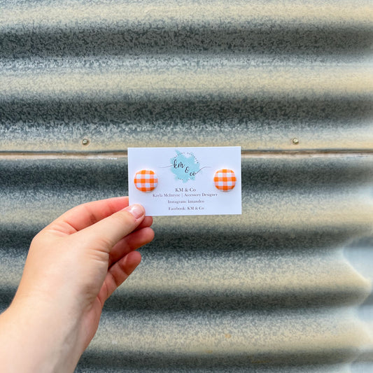 Orange & White Gingham - Fabric Button Earring