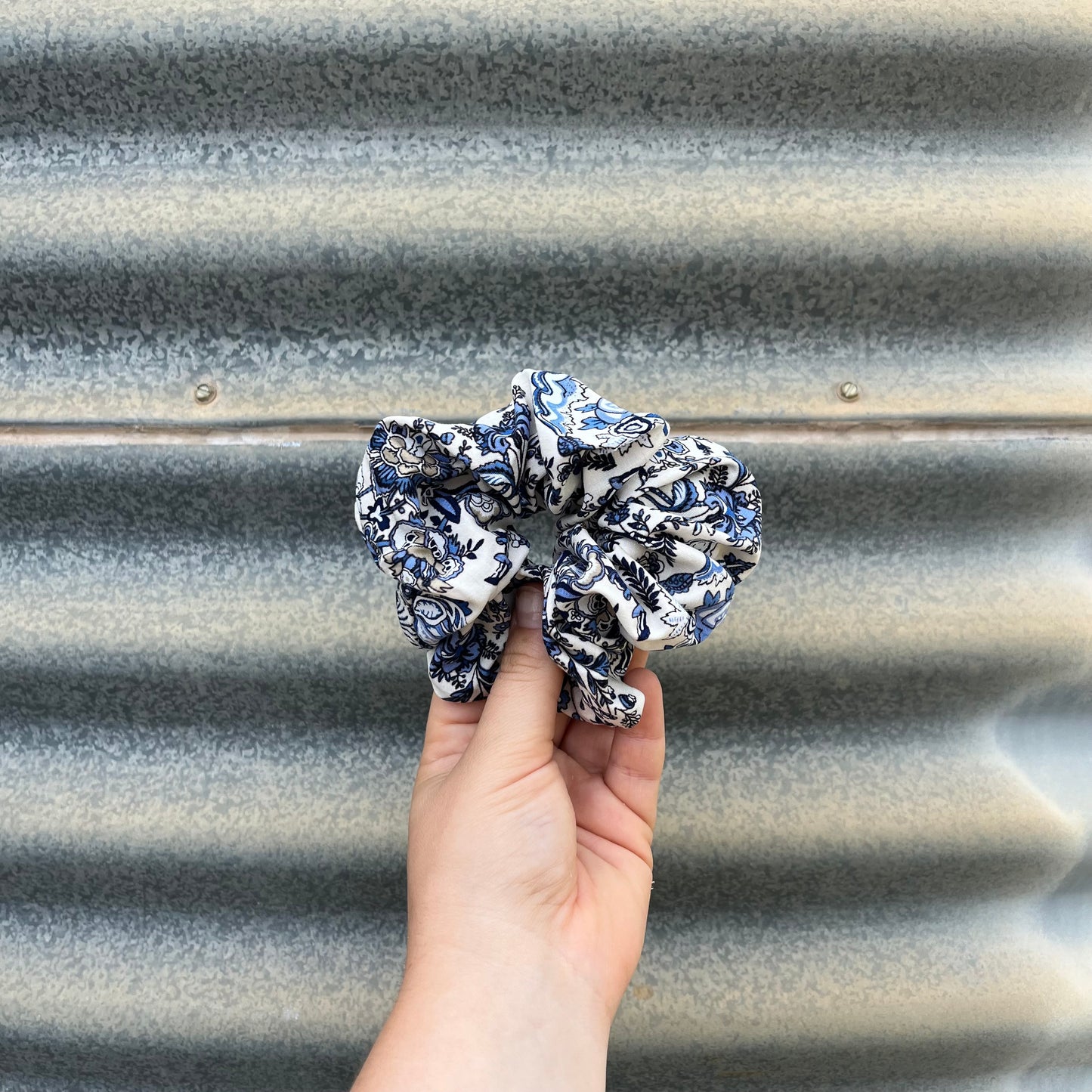 Beige & Blue Floral - Scrunchie