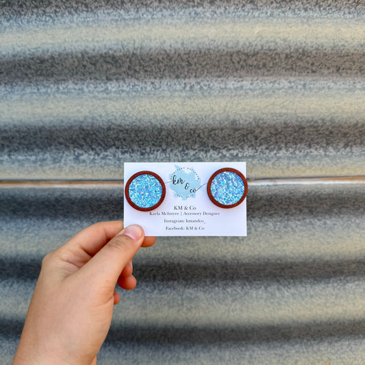 Blue Glitter - Large Wooden Earrings